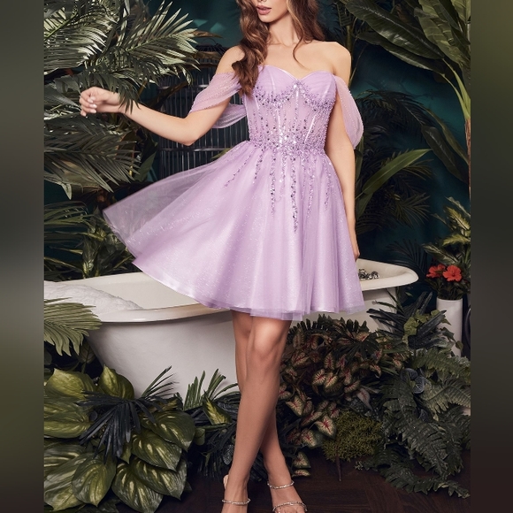 Off shoulder short glitter tulle beaded corset style dres - Picture 10 of 11